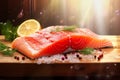 Two Raw Salmons on Cutting Board With Lemons and Parsley