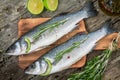 Two raw seabass with lime and rosemary Royalty Free Stock Photo