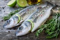 Two raw seabass with lime and rosemary Royalty Free Stock Photo