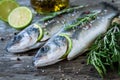 Two raw seabass with lime and rosemary Royalty Free Stock Photo