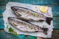 Two raw trouts on paper with thyme and lemon and red onion slices