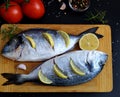 Two fresh dorada fish decorated with lemon Royalty Free Stock Photo