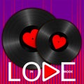 Two Realistic Black Vinyl Records with red heart labels, lettering In love mode and play button on purple sound wave Royalty Free Stock Photo