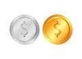 Two realistic coins on a white background. Business concept. Gold and silver. Vector illustration. Royalty Free Stock Photo