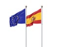 Two realistic flags. 3D illustration on white background. European Union vs Spain. Thick colored silky flags of European Union and Royalty Free Stock Photo