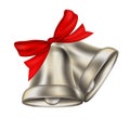 Two realistic silver bells with red ribbon