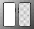 Two realistic smartphone mockup set. Mobile phone blank, white, transparent screen design on transparent background Royalty Free Stock Photo