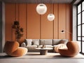 Two recliner chairs near grey sofa against terra cotta paneling wall. Japanese minimalist home interior design of modern living