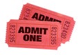 Two red admit one retro movie tickets isolated Royalty Free Stock Photo