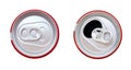 Two red aluminum beverage can top view isolated on white background, clipping path