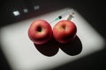 Two red apples that can symbolize two full breasts or two muscular testicles in which is planted a syringe Royalty Free Stock Photo