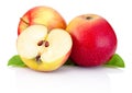 Two red apples and half with green leaves isolated Royalty Free Stock Photo