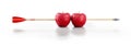 Two red apples hit by wooden arrow - 3D illustration