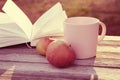 Two red apples, pink mug and open book on wooden bench in rays of sunlight