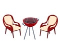 Two red armchairs facing each other with an empty grill in between. Outdoor furniture and barbecue concept. Relaxing