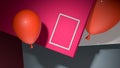 Two Red Balloons And Empty Frame On Abstract Background. Creative Mock Up. Copy Space. 3d rendering