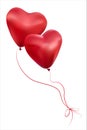 Two red balloons in the form of hearts fly embracing, tied with ropes. Two hearts isolated on background. Royalty Free Stock Photo