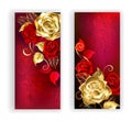 Two red banner with gold roses