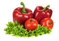 Two red bell peppers with two tomatoes on lettuce Royalty Free Stock Photo