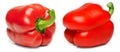 Two red bell peppers on a white isolated background. Close-up.