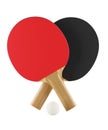 Two red and black table tennis or ping pong paddles or rackets with white table tennis ball crossed floating isolated on white Royalty Free Stock Photo