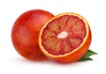 Two red blood orange with leaves isolated on white background. Royalty Free Stock Photo