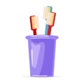 Two red and blue toothbrushes are in violet glass. Family toiletries, oral personal hygiene items.