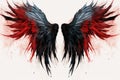 Two red and blue wings of a bird with blood splashes on a white background, Beautiful magic red black wings drawn with watercolor