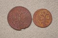 Two red brown russian retro coins with an eagles