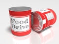 Two red cans on white with a label showing food drive Royalty Free Stock Photo