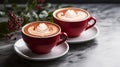 two red cappuccino mugs on a marble table, a perfect blend of elegance and indulgence Royalty Free Stock Photo