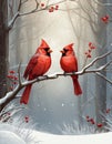 Two red cardinal birds on a branch in winter forest