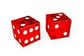 Two red casino plastic dice with white dots on white background Royalty Free Stock Photo