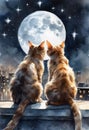 Two night cats and the moon in watercolor Royalty Free Stock Photo