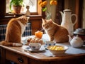 Two red cats steal food on a wooden table near a window with morning light. Country breakfast concept. Generative AI