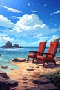Two red chairs on the beach with the ocean in the background. AI Royalty Free Stock Photo