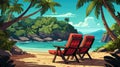 Two red chairs on the beach with palm trees, AI Royalty Free Stock Photo