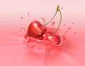 Two red cherries falling into milkshake splashing.