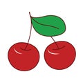 Two red cherries with a green leaf. illustration with stroke. Ripe fruit berry cherry, cute simple childish design Royalty Free Stock Photo