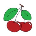 Two red cherries outlined in dark outline hand drawing clip art. Paired cherries, two green leaves and a branch of a cherry tree. Royalty Free Stock Photo