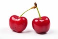 Two red cherry fruits on white background