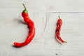 Two red chili peppers, on wooden background Royalty Free Stock Photo