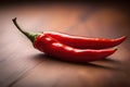 Two red chili peppers on a wooden table. Isolated on a brown background Royalty Free Stock Photo