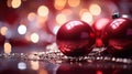 two red christmas balls on a shiny surface Royalty Free Stock Photo