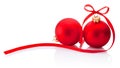 Two red Christmas bauble with ribbon bow isolated on white background Royalty Free Stock Photo