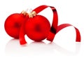 Two red Christmas baubles and curling paper Isolated on white background Royalty Free Stock Photo