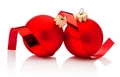 Two red Christmas baubles and curling paper Isolated on white background Royalty Free Stock Photo