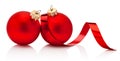 Two red Christmas baubles and curling paper Isolated on white background Royalty Free Stock Photo