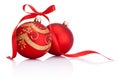 Two Red christmas decoration balls with ribbon bow Royalty Free Stock Photo