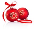 Two red Christmas decoration baubles with ribbon bow isolated on white background Royalty Free Stock Photo